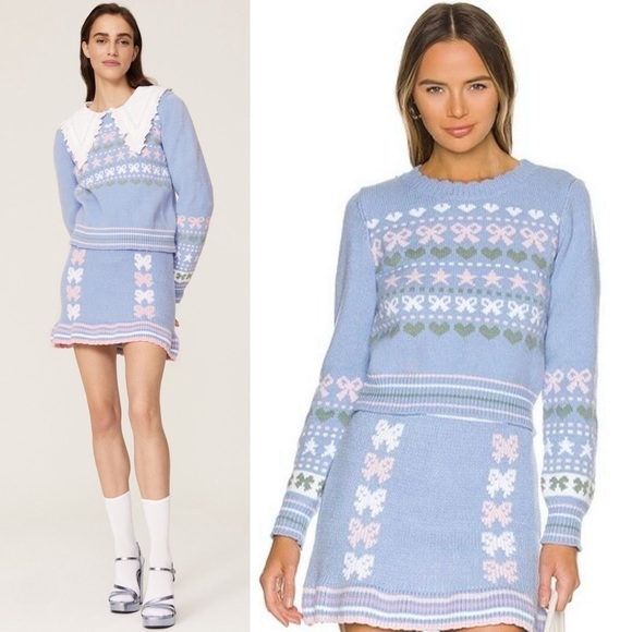 LOVESHACKFANCY 90s Pastel Heart Bow Fair Isle Knit Pullover Cropped Sweater XL - Picture 2 of 16